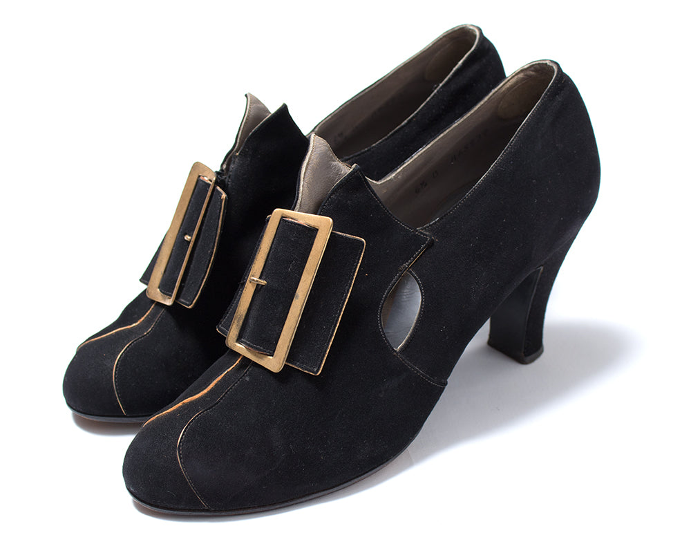 1930s Witchy Buckled Black Nubuck Leather Heels