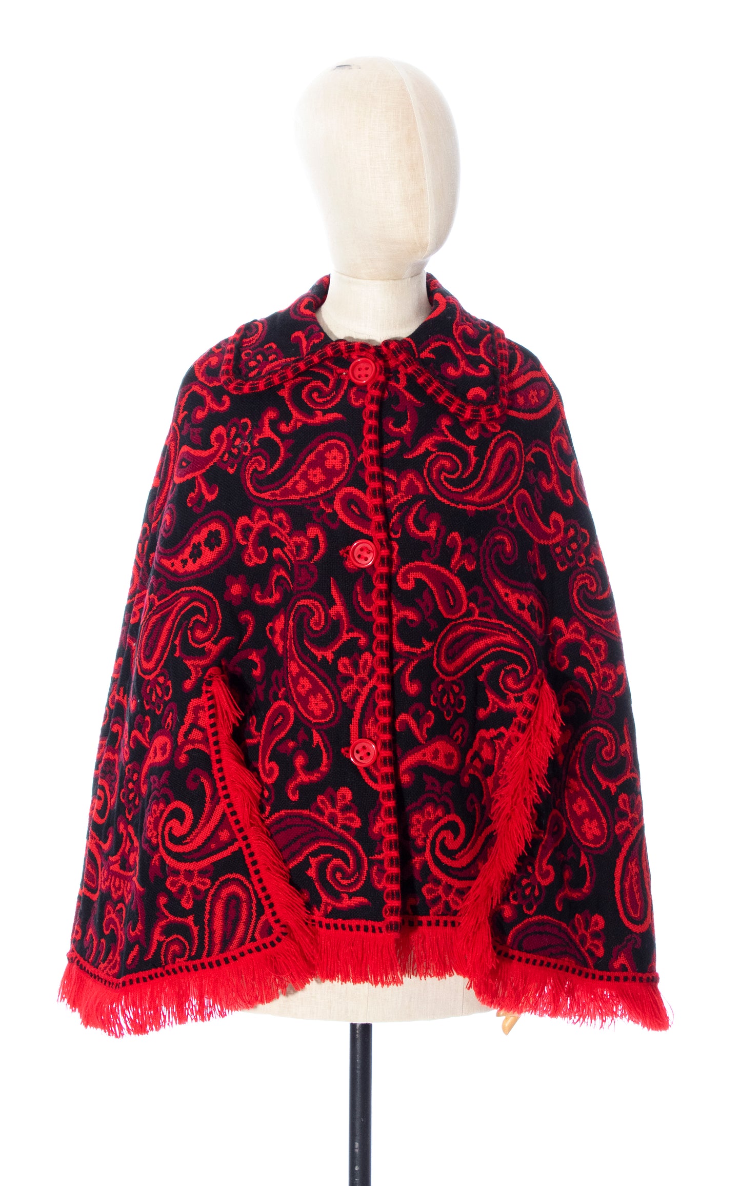 Vintage 70s 1970s Paisley Red Woven Psychedelic Cape with Fringe Birthday Life Vintage