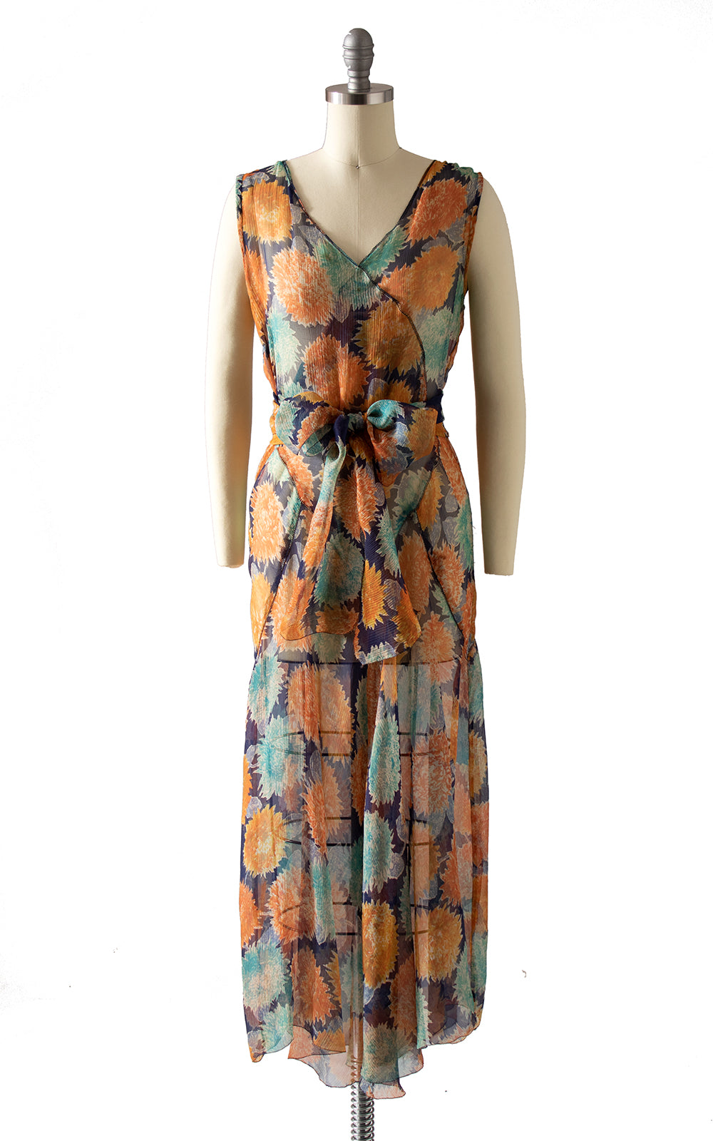 1920s 1930s Floral Silk Chiffon Dress & Scarf Set BirthdayLifeVintage