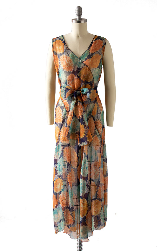 1920s 1930s Floral Silk Chiffon Dress & Scarf Set BirthdayLifeVintage