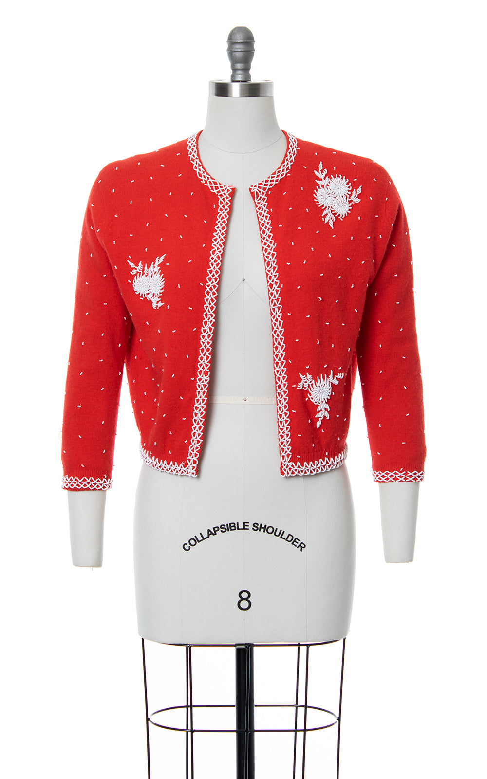 1950s Beaded Red Wool Cardigan | medium/large