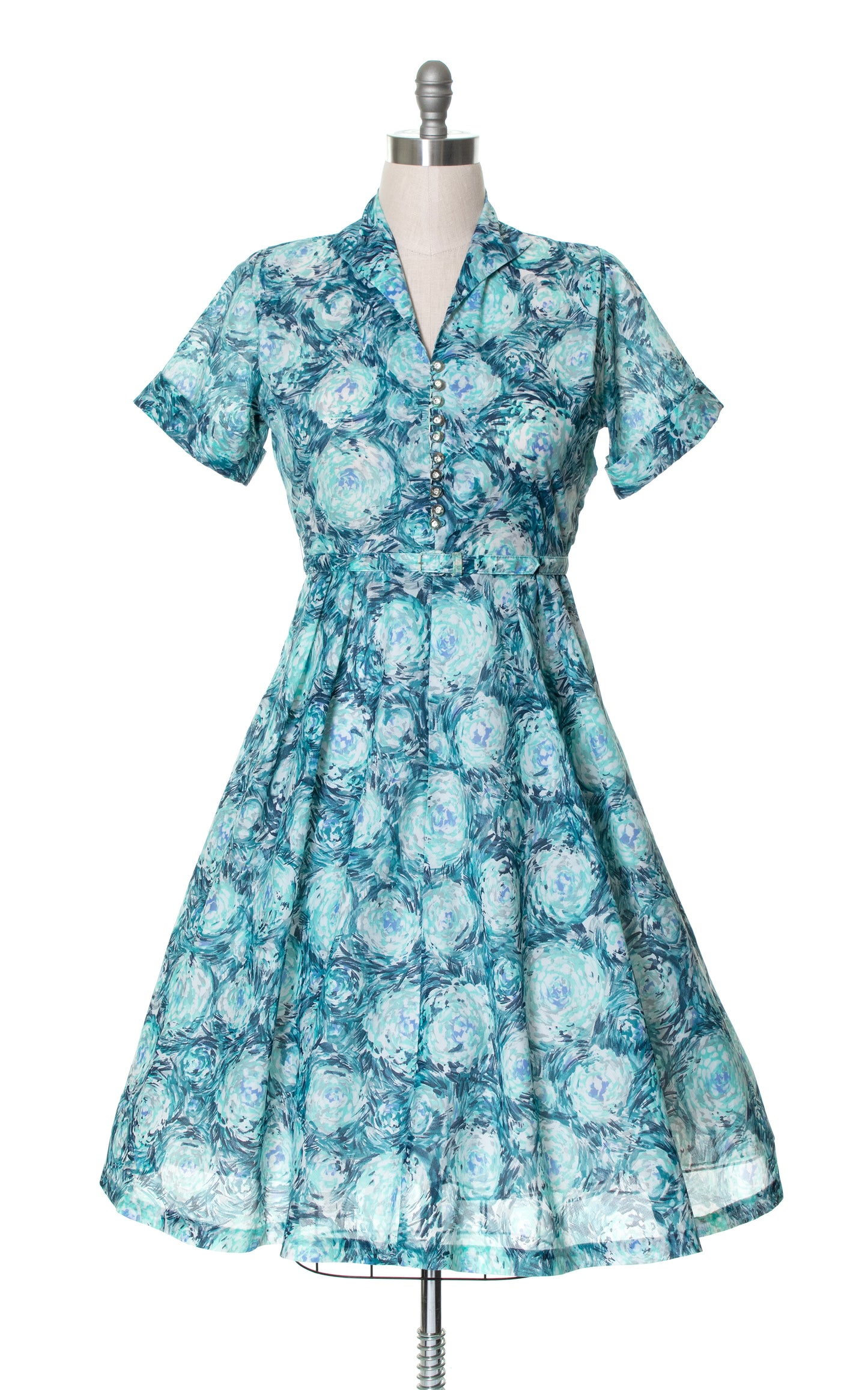 Vintage 50s 1950s Blue Sheer Floral Shirtwaist Dress Fit and Flare BirthdayLifeVintage