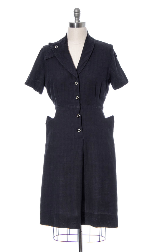 Vintage 50s 1950s Black Cotton Shirtwaist Day Dress with Pockets BirthdayLifeVintage