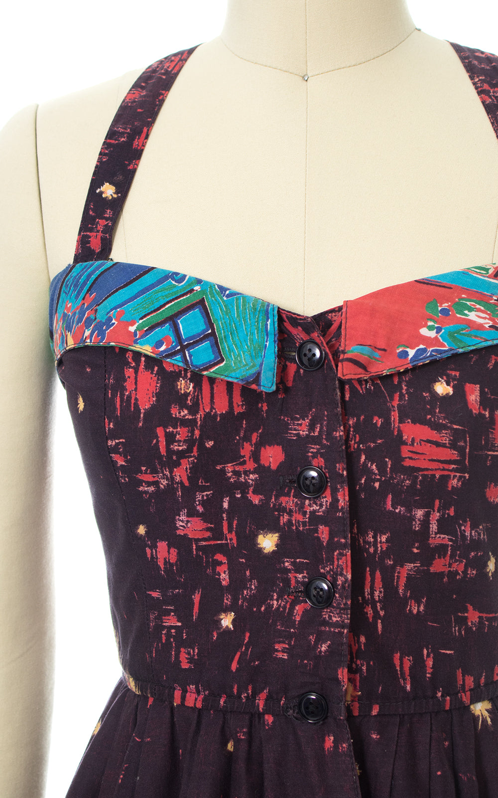 1970s Foxy Lady Van Gogh Inspired Novelty Border Print Sundress