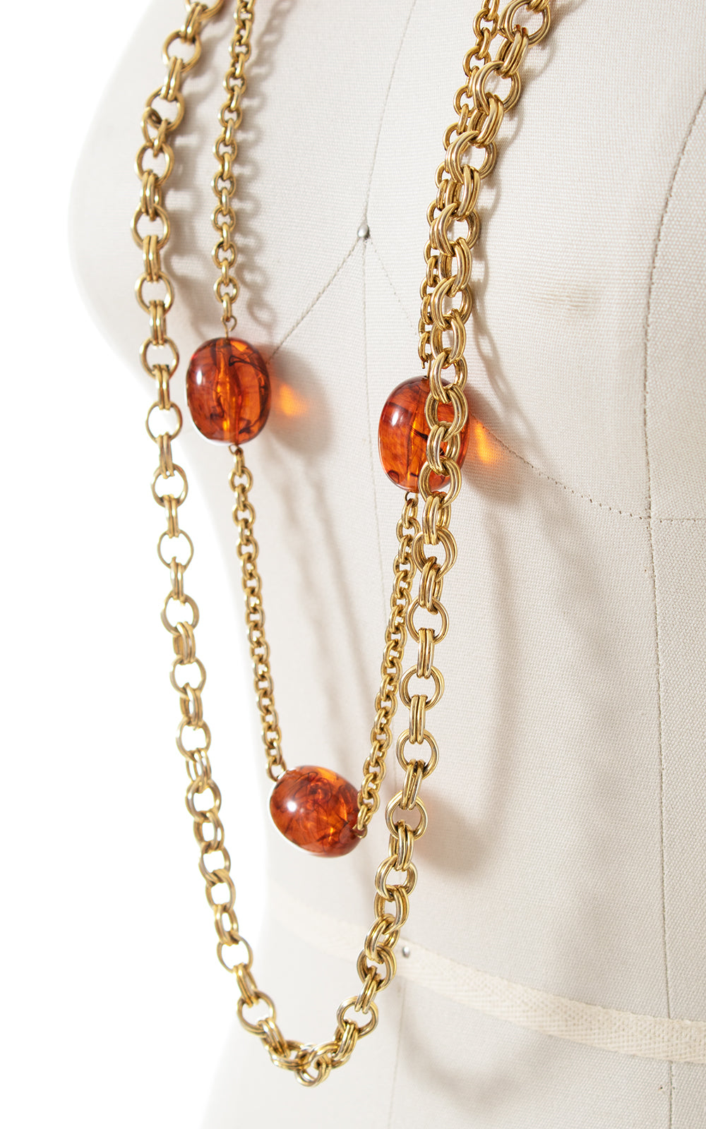 1970s 1980s Double Strand Gold Tone & Faux Amber Necklace