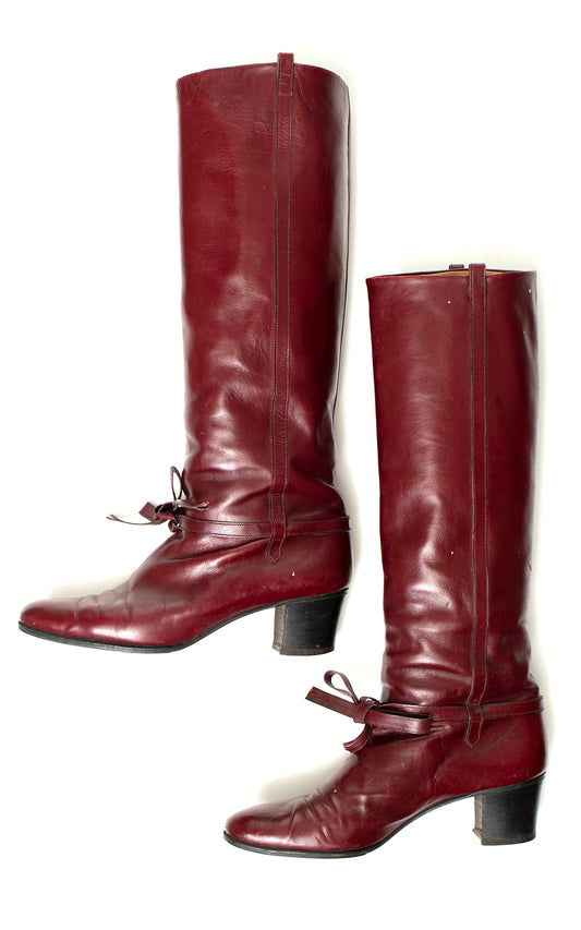 Vintage 1970s 70s SALVATORE FERRAGAMO Merlot Brown Leather Knee High Riding Campus Boots size US 7.5 Birthday Life Vintage