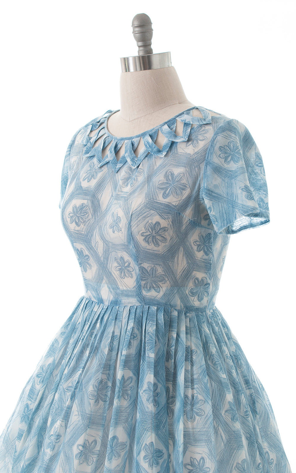 1960s Floral Lattice Neckline Cotton Voile Dress | medium