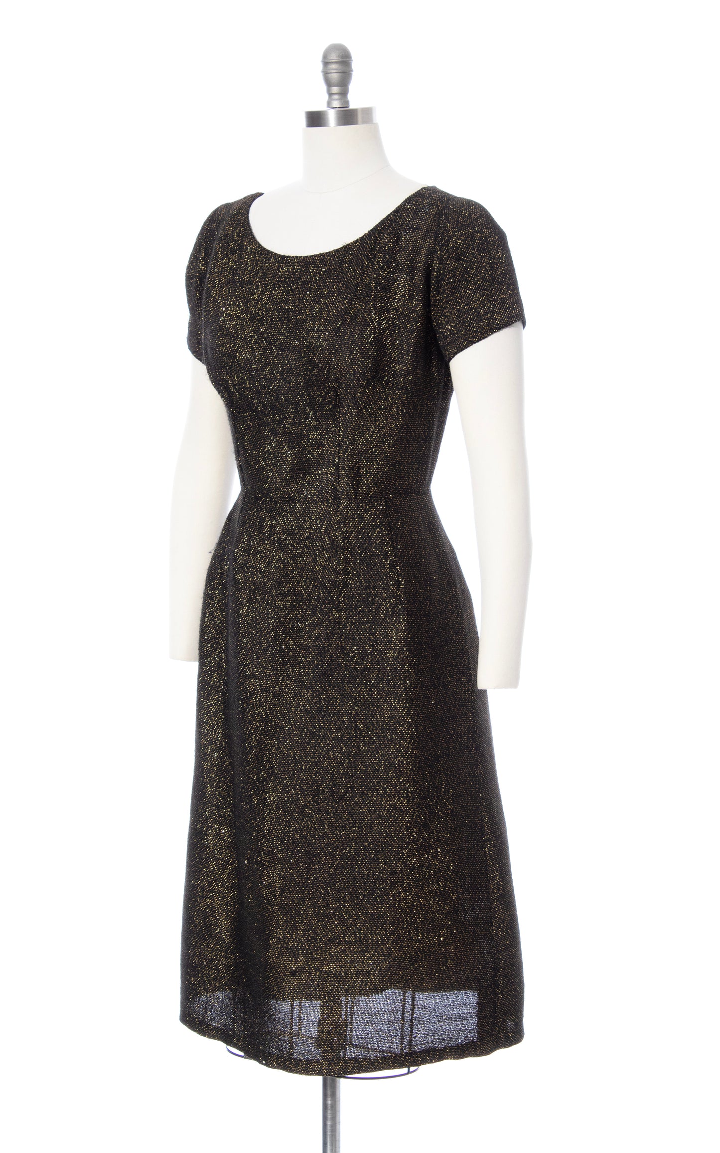 Vintage 50s 1960s Metallic Gold & Black Woven Wiggle Party Sheath Dress BirthdayLifeVintage