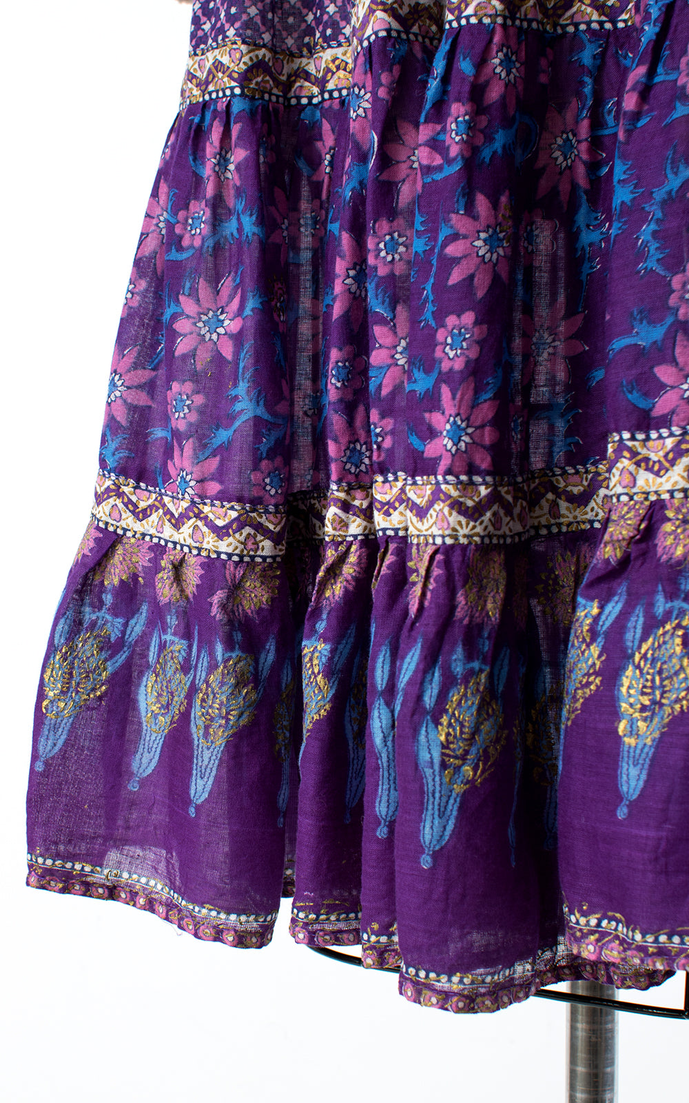1970s Indian Cotton Gauze Purple Floral Midi Dress | small