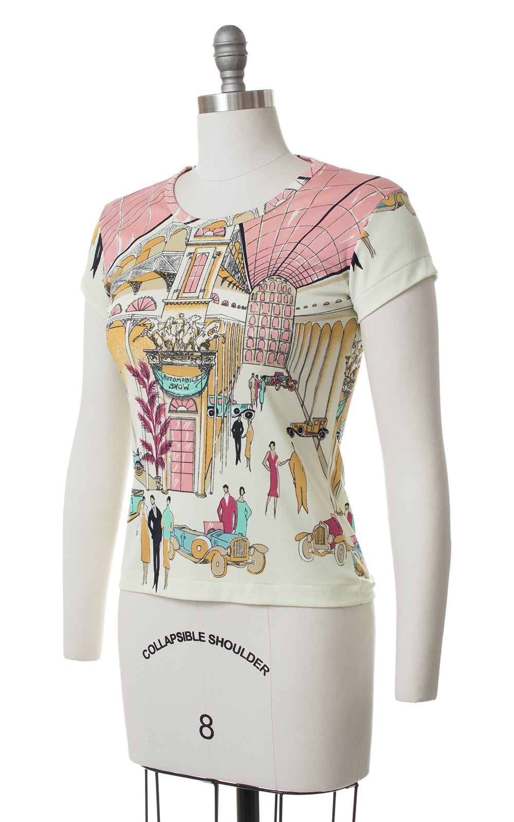 1970s Art Deco Auto Show Novelty Print Top