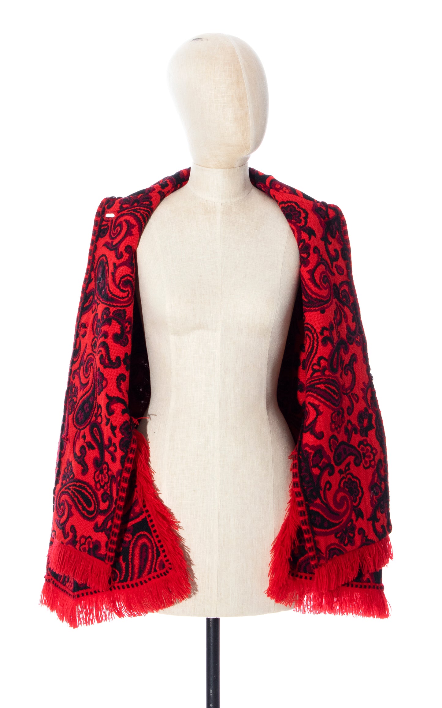 Vintage 70s 1970s Paisley Red Woven Psychedelic Cape with Fringe Birthday Life Vintage