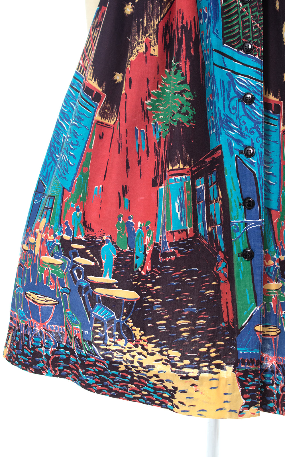 1970s Foxy Lady Van Gogh Inspired Novelty Border Print Sundress