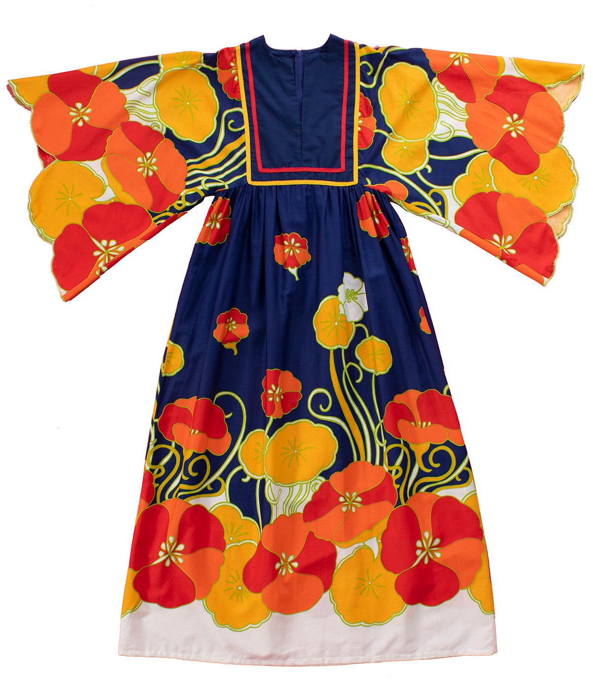 1970s Floral Border Print Drama-Mama Sleeves Maxi Dress | x-small/small