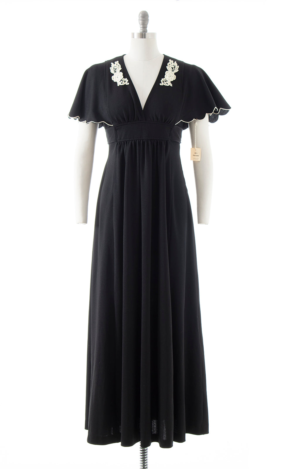 1970s DEADSTOCK Flutter Sleeve Black Maxi Dress | small