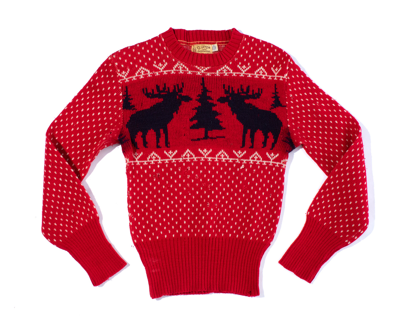 Vintage 40s 1940s Reindeer Knit Wool Holiday Christmas Red Sweater Birthday Life Vintage