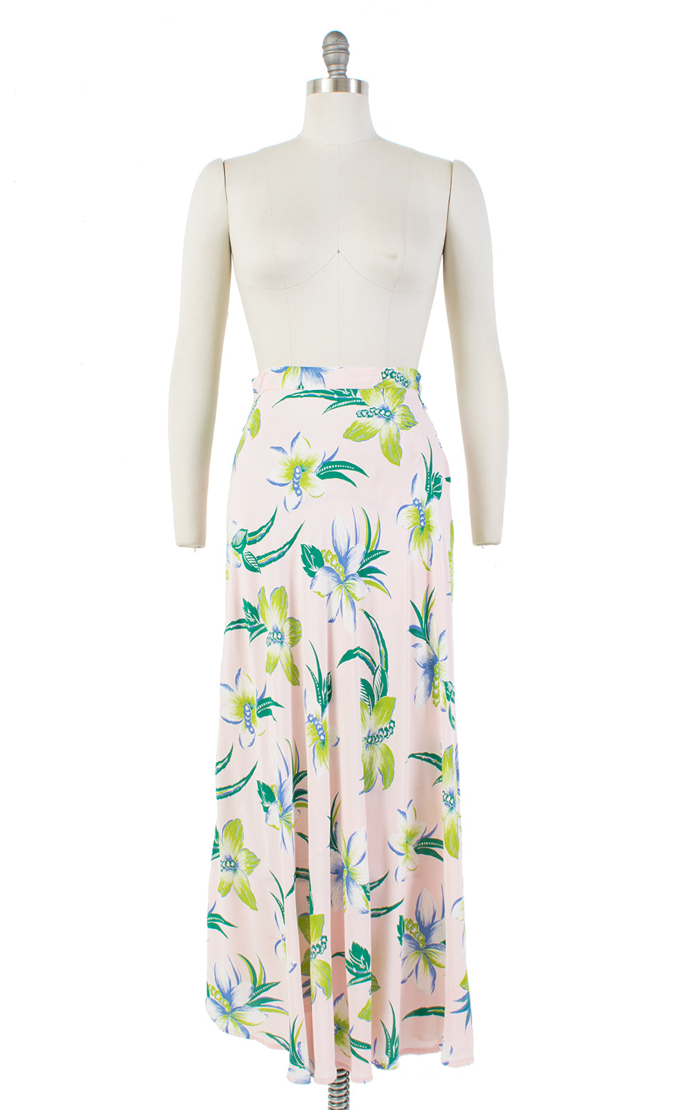 1940s Hawaiian Hibiscus Cold Rayon Midi Skirt | small