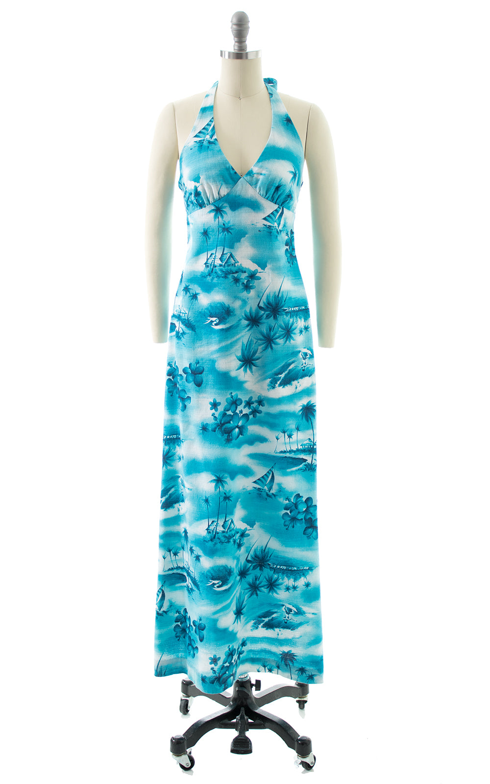 1970s Hawaiian Novelty Print Halter Maxi Dress