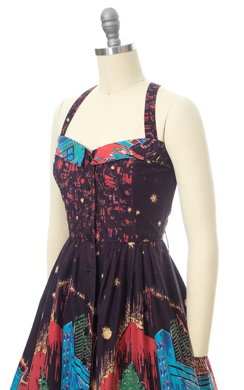 1970s Foxy Lady Van Gogh Inspired Novelty Border Print Sundress