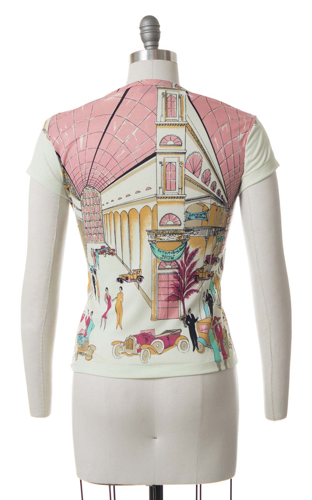 1970s Art Deco Auto Show Novelty Print Top