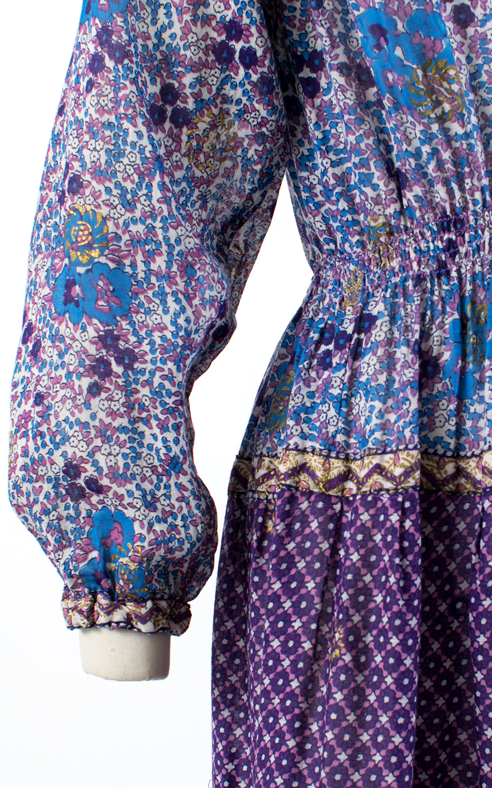 1970s Indian Cotton Gauze Purple Floral Midi Dress | small