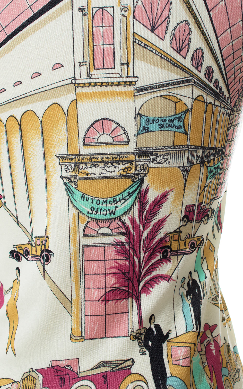 1970s Art Deco Auto Show Novelty Print Top