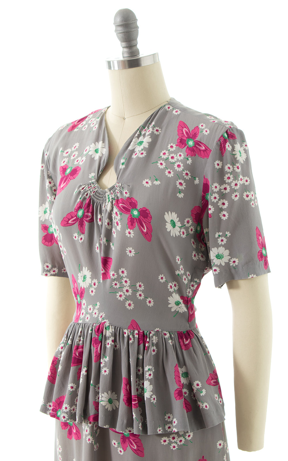 1930s Floral Rayon Crepe Peplum Dress BirthdayLifeVintage