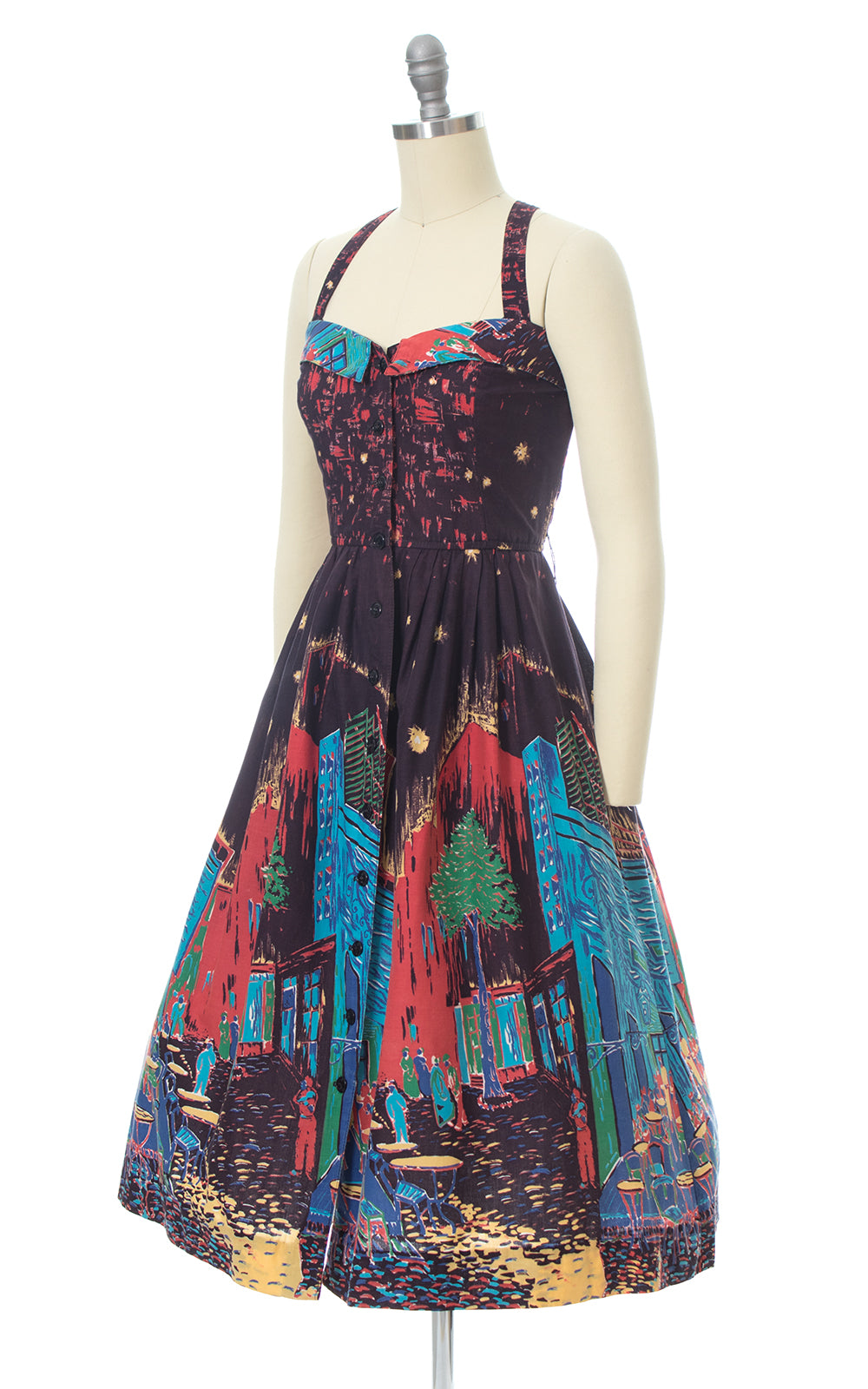 1970s Foxy Lady Van Gogh Inspired Novelty Border Print Sundress