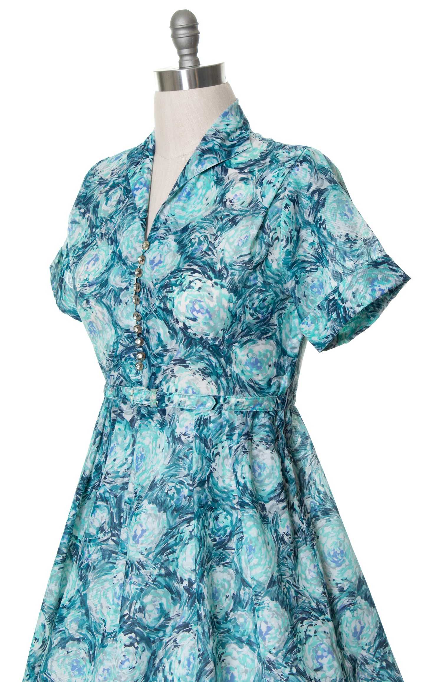 Vintage 50s 1950s Blue Sheer Floral Shirtwaist Dress Fit and Flare BirthdayLifeVintage