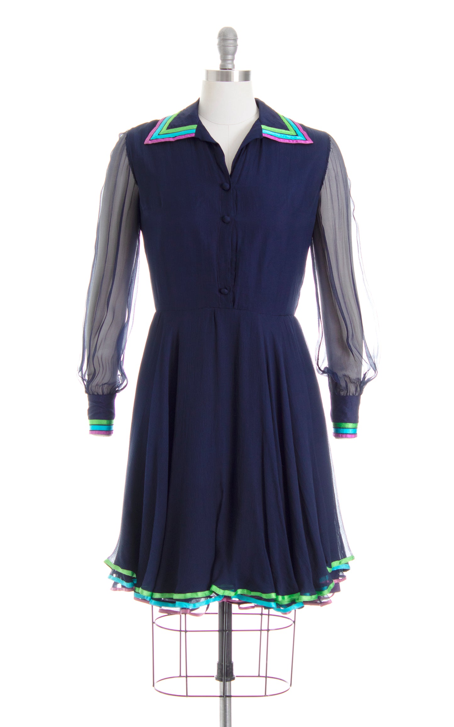 Vintage 1970s 70s Navy Blue Silk Chiffon & Ribbon Shirtwaist Fit and Flare Party Dress Birthday Life Vintage