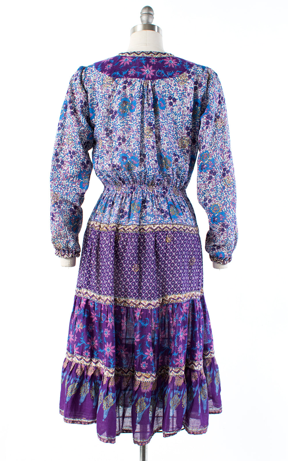 1970s Indian Cotton Gauze Purple Floral Midi Dress | small