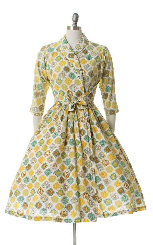 1950s ABCs novelty print wrap dress