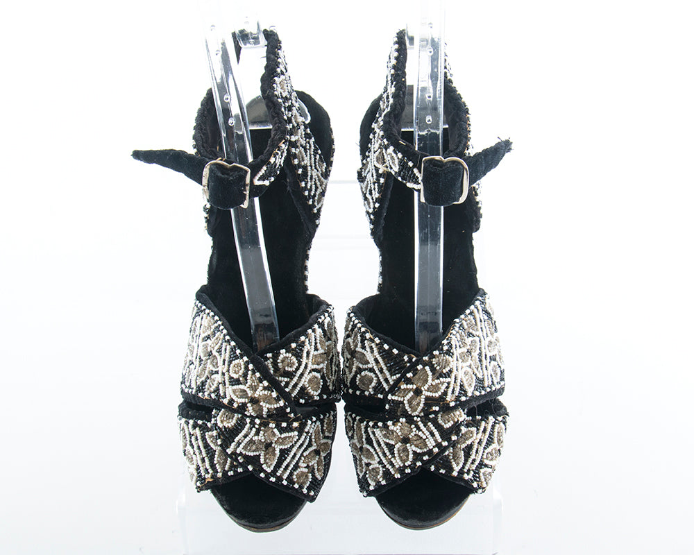 1940s Beaded Black Velvet Wedge Sandals | size 8