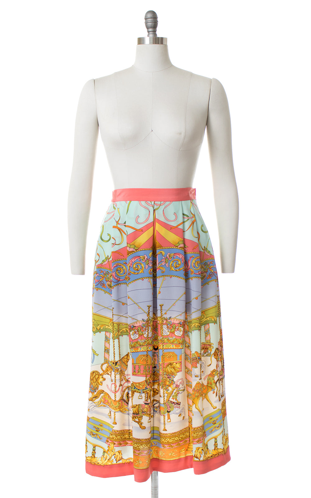 1980s Silk Carousel Novelty Print Skirt