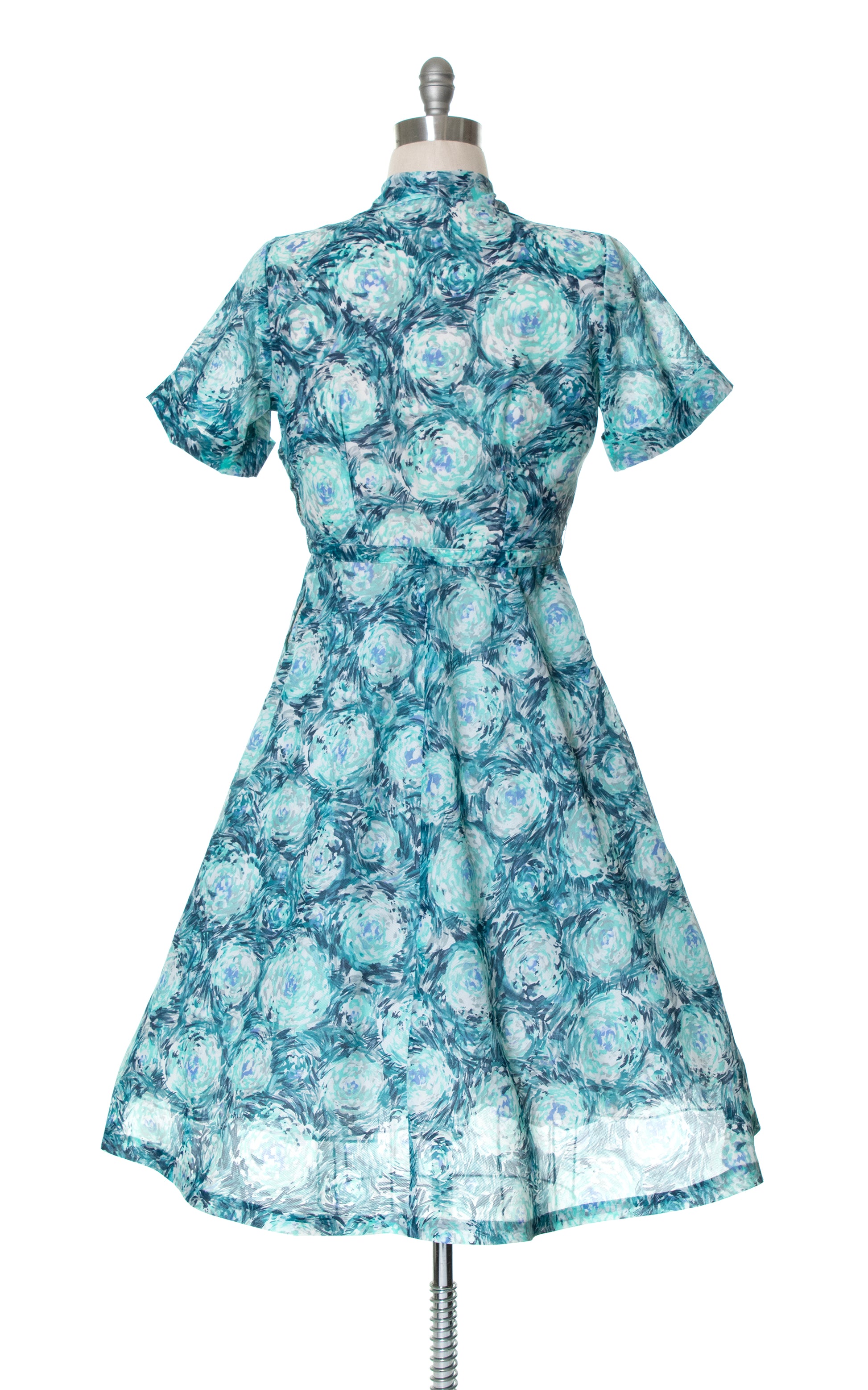 Vintage 50s 1950s Blue Sheer Floral Shirtwaist Dress Fit and Flare BirthdayLifeVintage