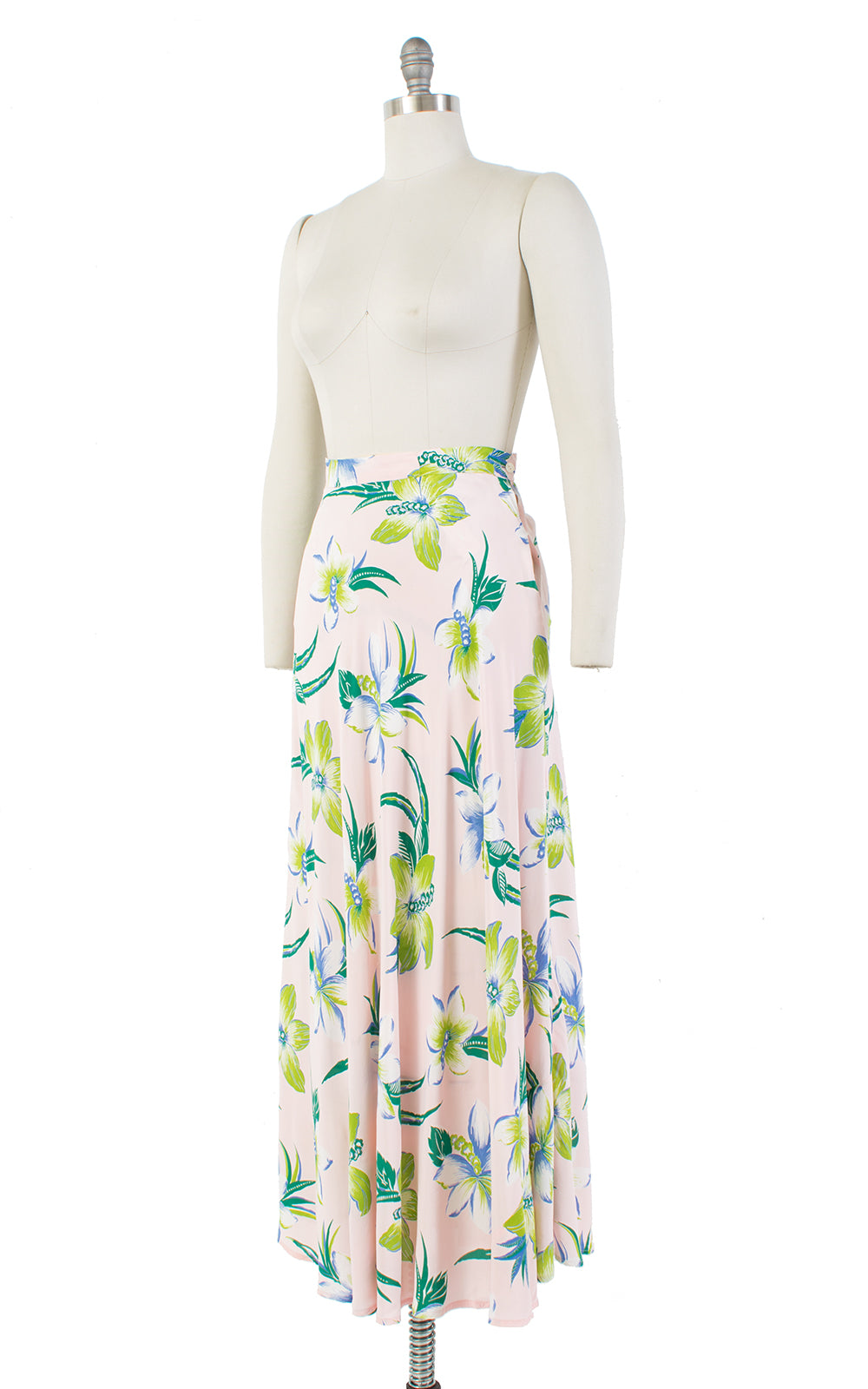 1940s Hawaiian Hibiscus Cold Rayon Midi Skirt | small