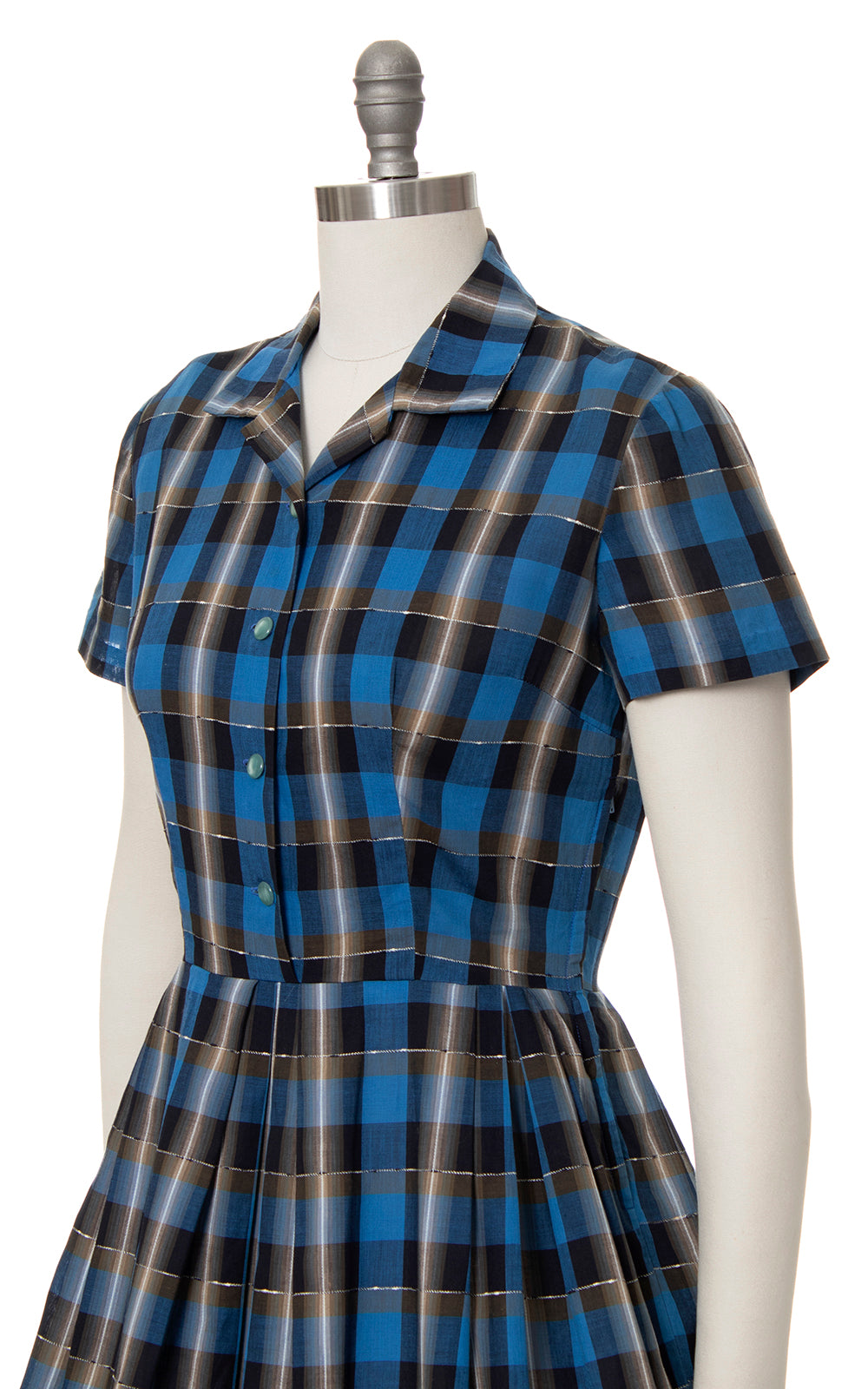 1950s Blue Plaid Cotton Shirtwaist Dress | medium