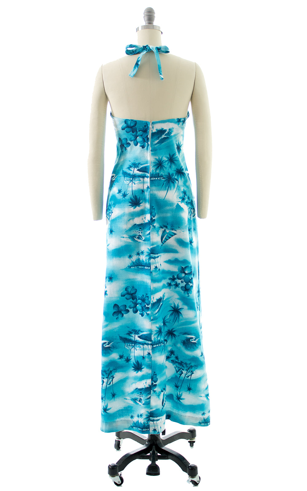 1970s Hawaiian Novelty Print Halter Maxi Dress