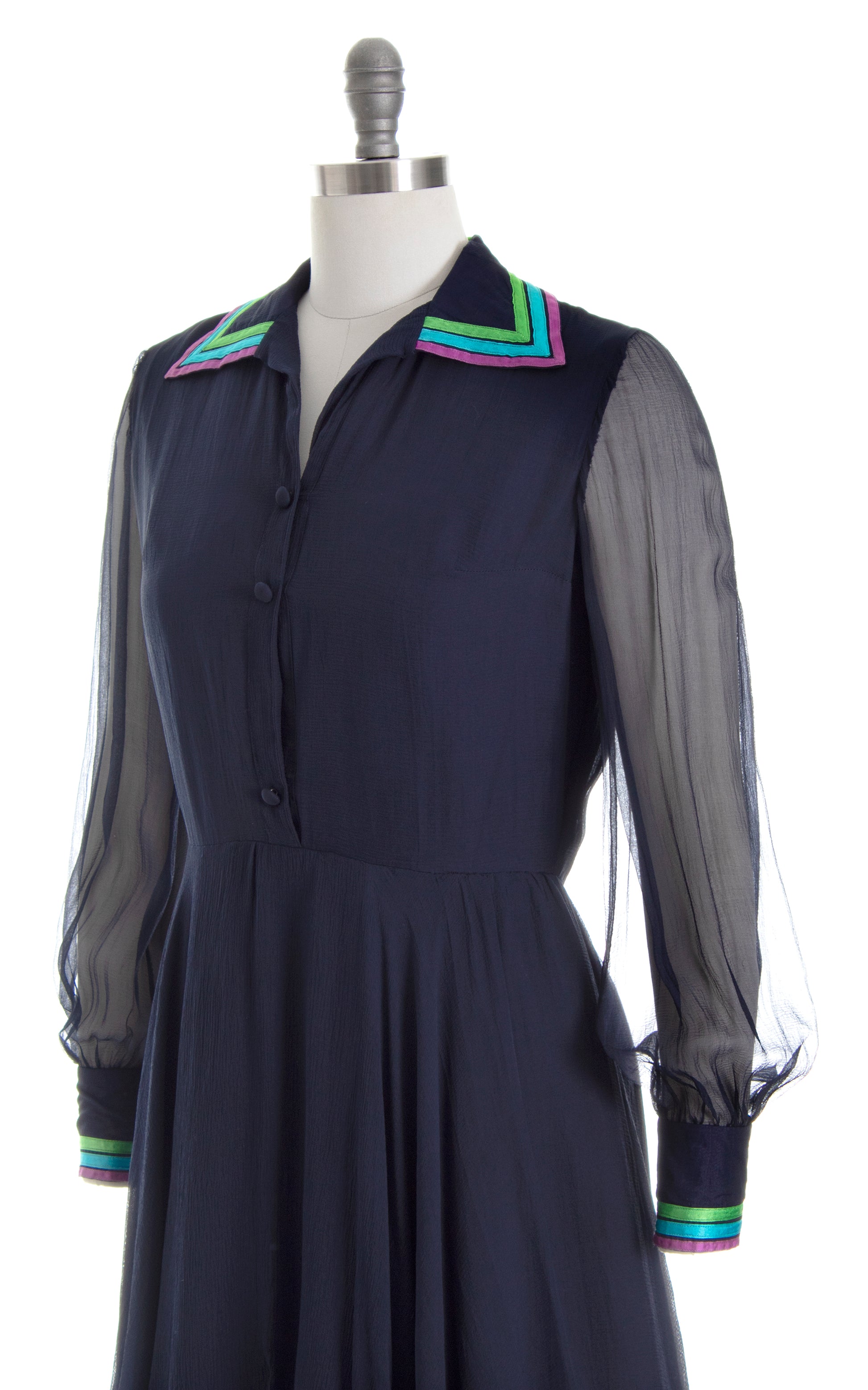 Vintage 1970s 70s Navy Blue Silk Chiffon & Ribbon Shirtwaist Fit and Flare Party Dress Birthday Life Vintage