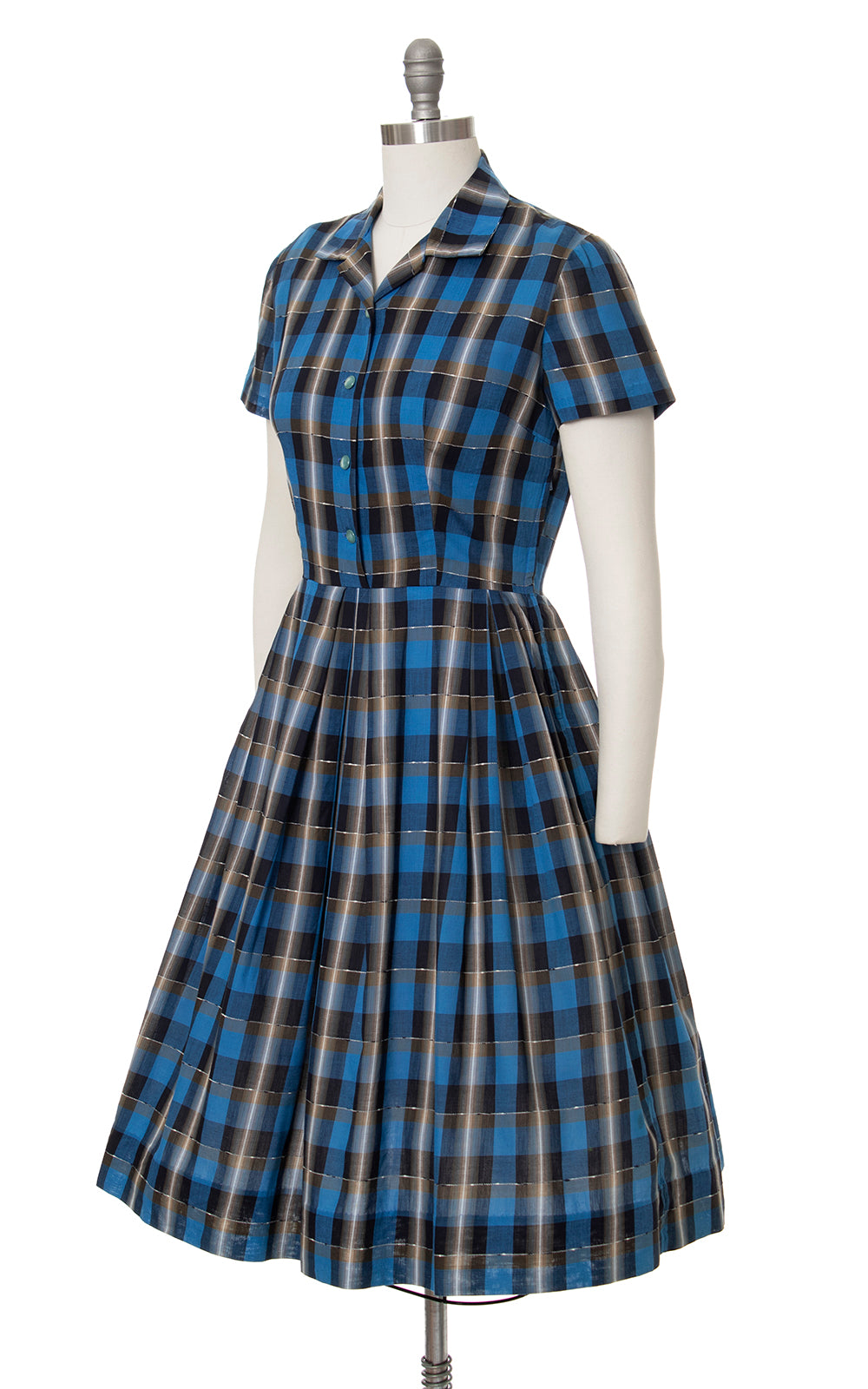1950s Blue Plaid Cotton Shirtwaist Dress | medium