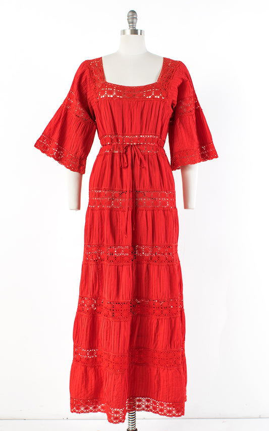 1970s Mexican Pintuck Cotton Crochet Red Maxi Dress | medium