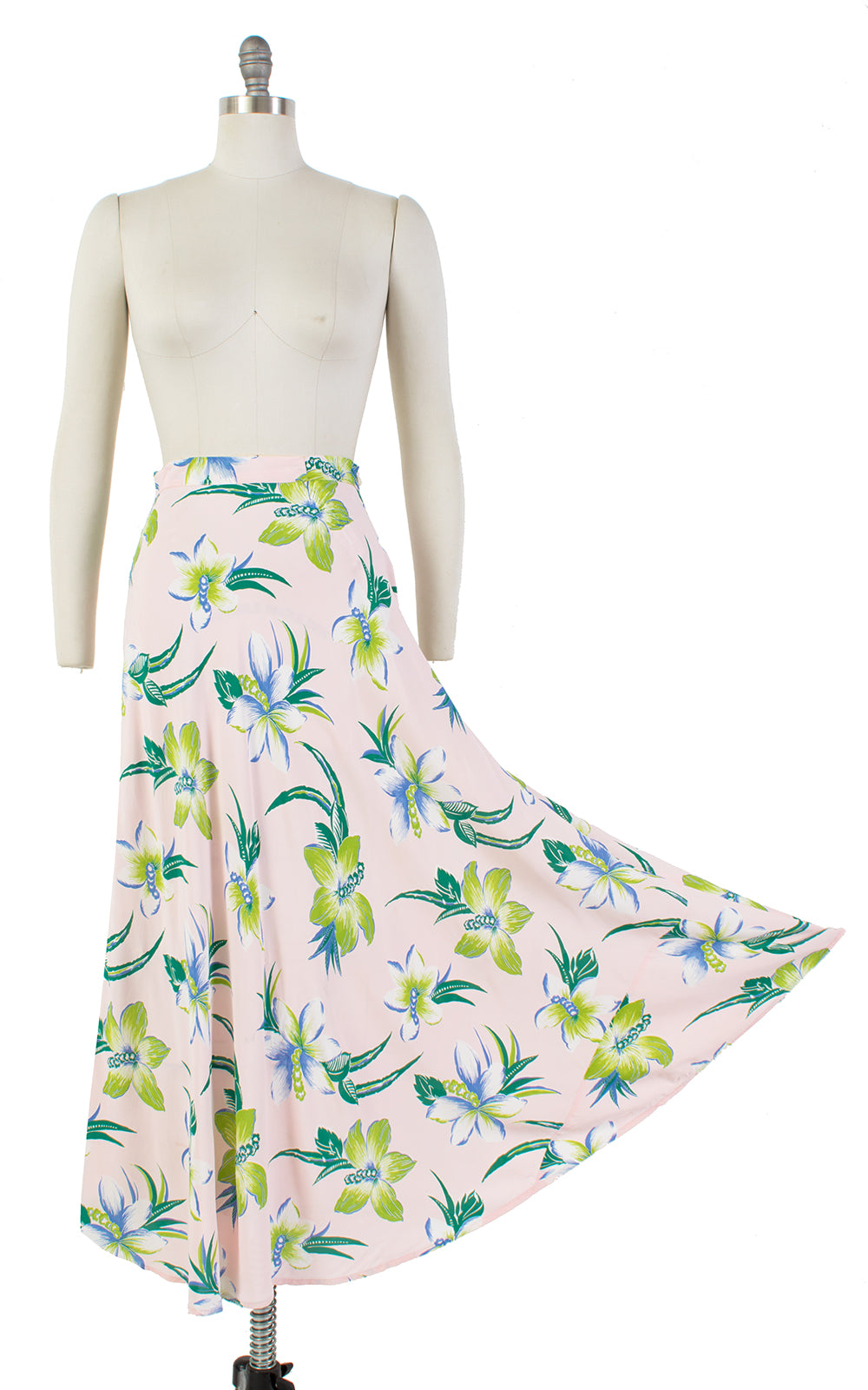 1940s Hawaiian Hibiscus Cold Rayon Midi Skirt | small