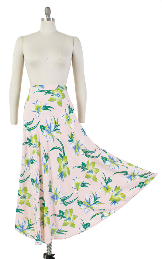 1940s Hawaiian Hibiscus Cold Rayon Midi Skirt | small