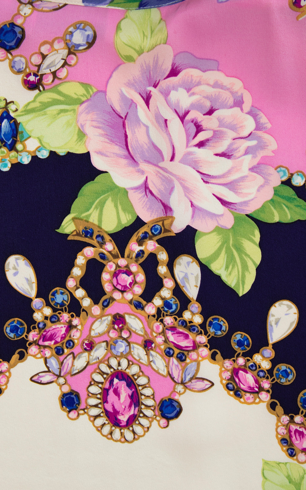 1980s Silk Rhinestone Jewelry Roses Novelty Print Blouse | medium/large