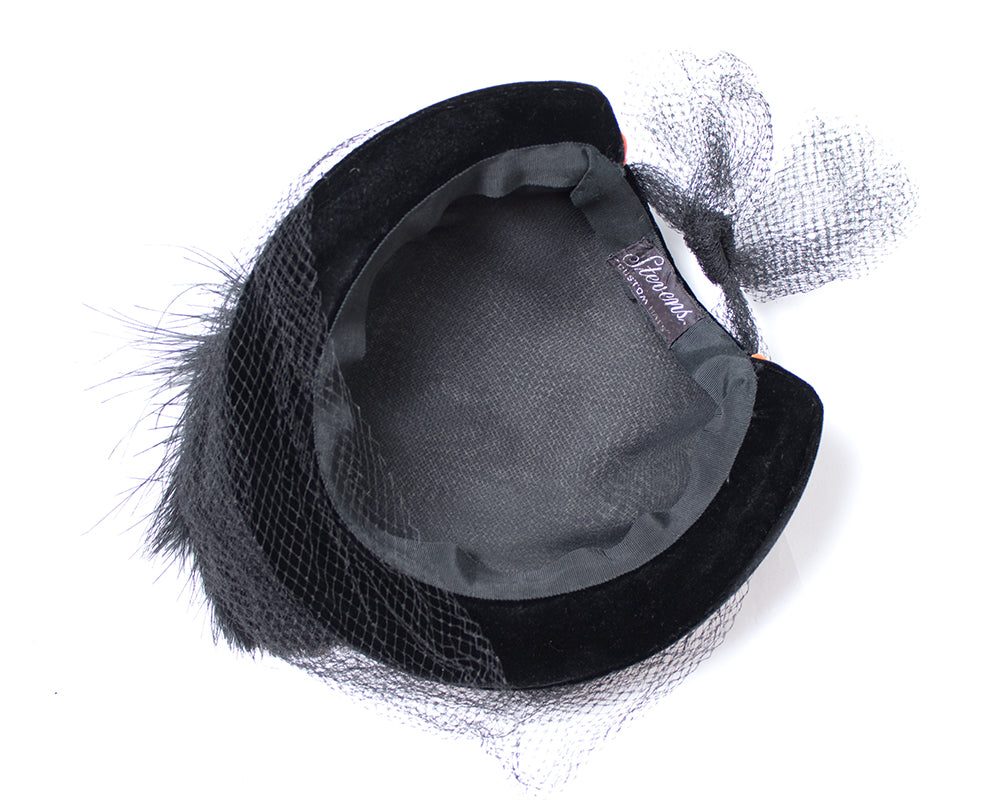 1940s Velvet & Feather Pom Pom Hat with Veil