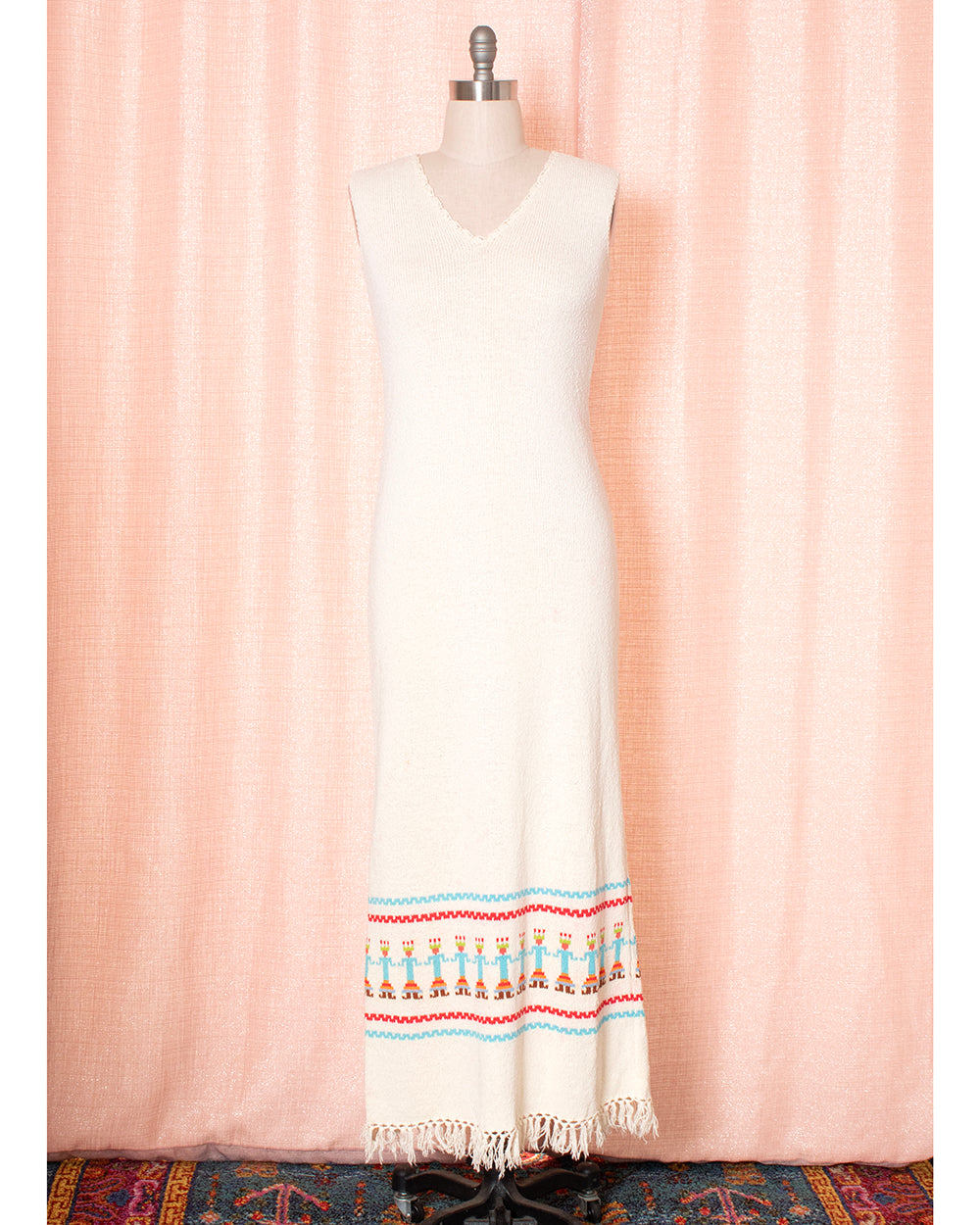 [AS-IS] 1970s Kochina Doll Novelty Border Print Knit Sweater Dress & Cardigan Set | medium/large