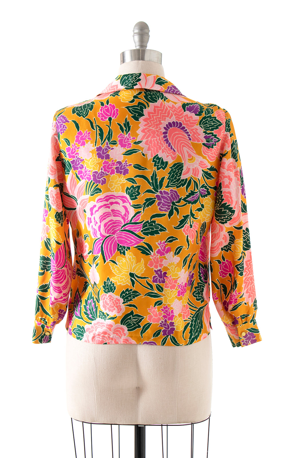 Vintage 1960s 60s 1970s 70s Bright Floral Printed Yellow Pink Button Up Long Sleeve Blouse Birthday Life Vintage