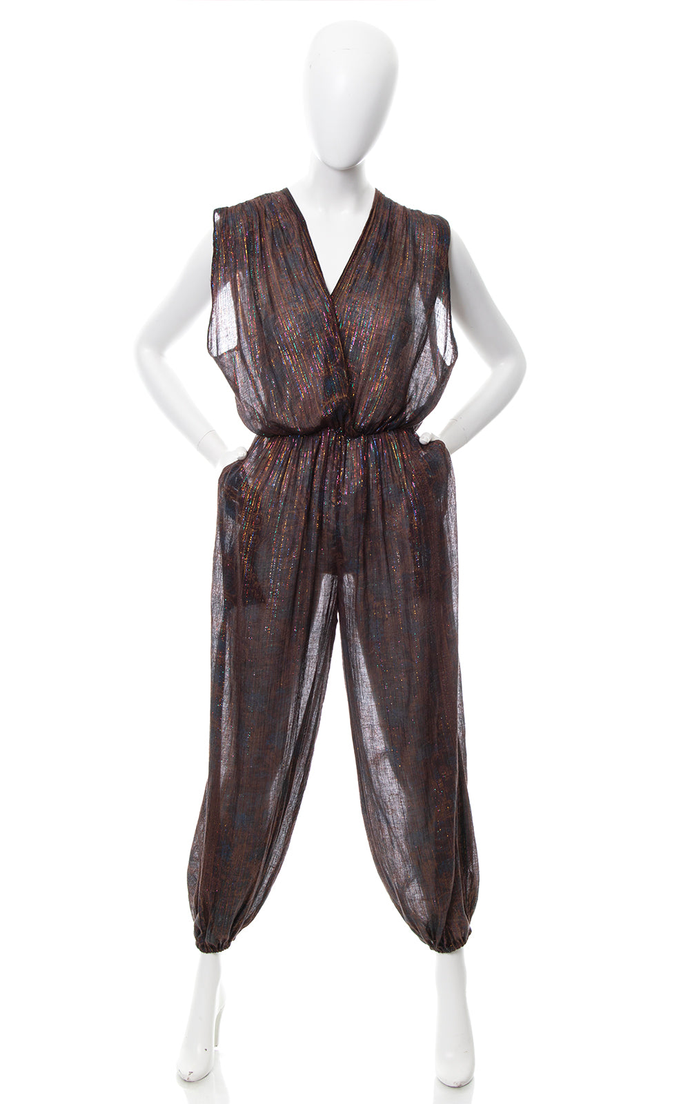 1970s Indian Cotton Metallic Rainbow Printed Sheer Jumpsuit | medium/large