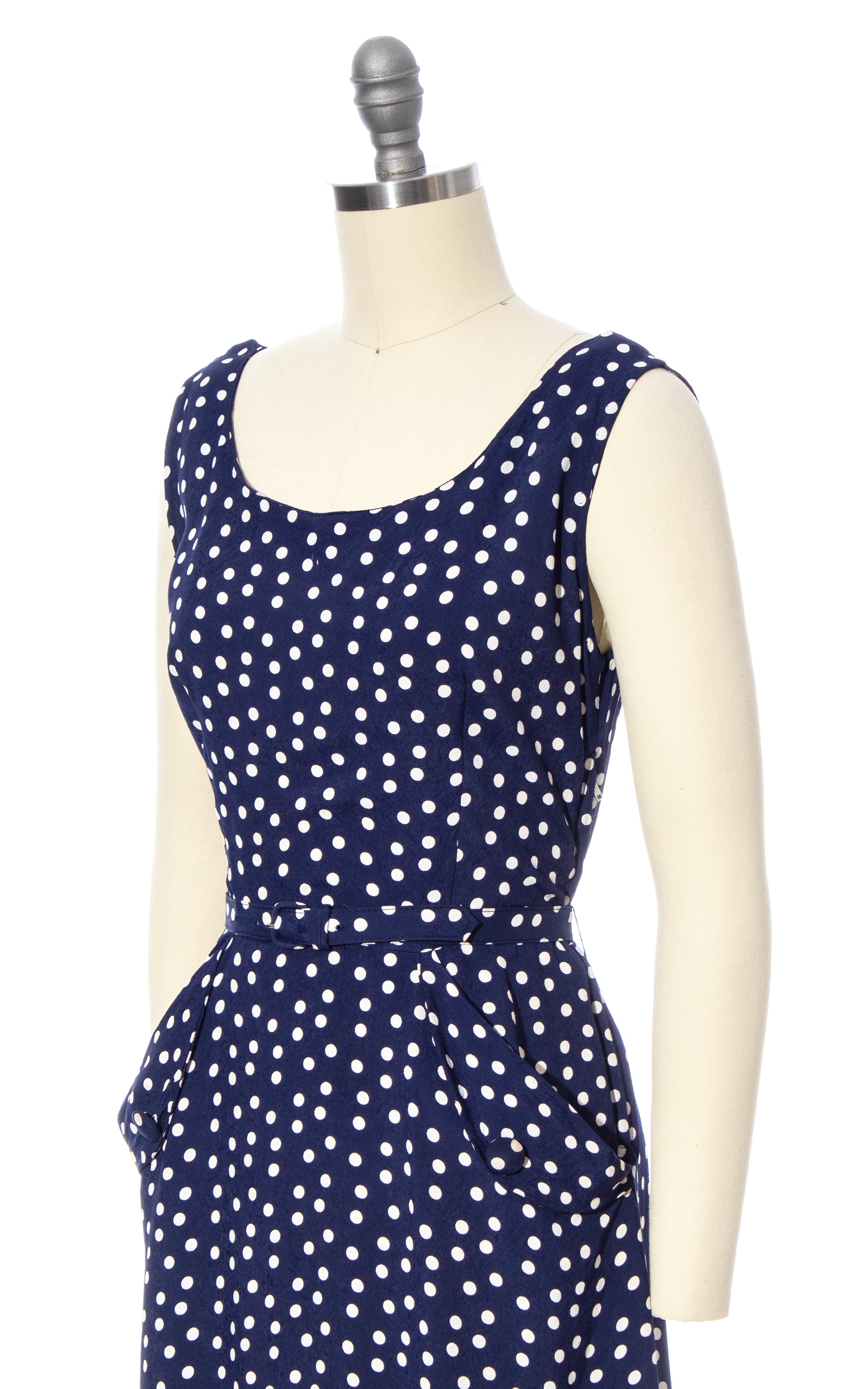 Vintage 50s 1950s Navy Blue Polka Dot Rayon Wiggle Dress with Pockets BirthdayLifeVintage