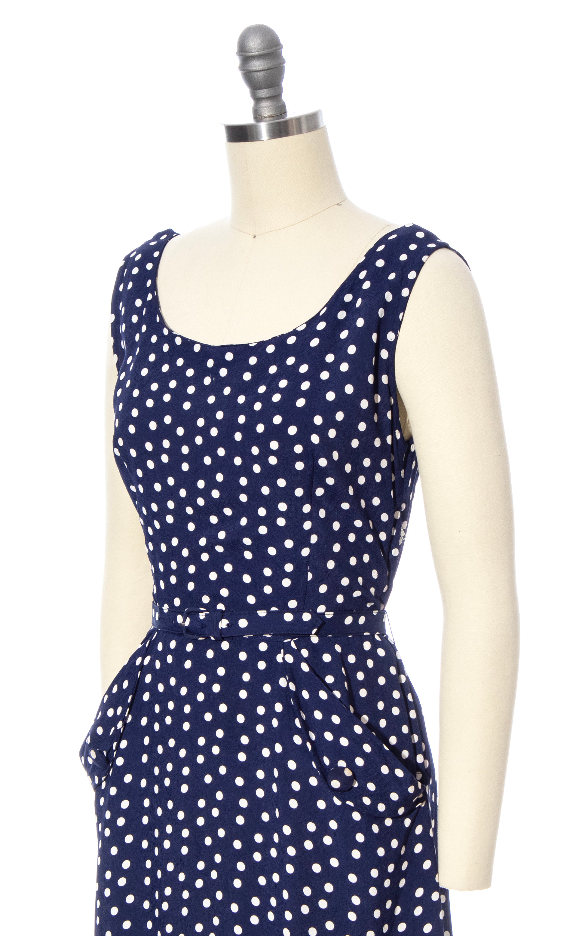 1950s Navy Blue Polka Dot Rayon Dress with Pockets | x-small/small Birthday Life Vintage 1950s Navy Blue Polka Dot Rayon Dress with Pockets | x-small/small Birthday Life Vintage