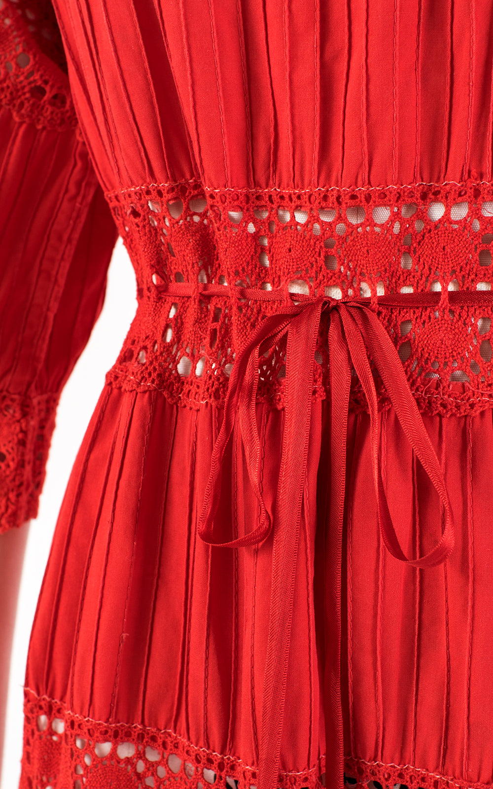 1970s Mexican Pintuck Cotton Crochet Red Maxi Dress | medium